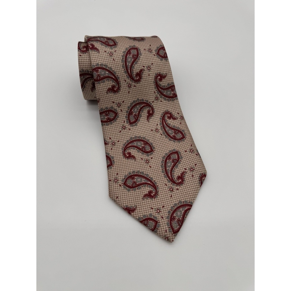 Ermenegildo Zegna Silk Tie Beige Red Paisley Italy Luxury Designer Classic